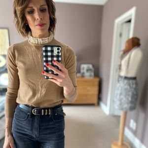 J. Crew sweater with lace ruffle collar; 100% merino wool& lightweight, camel.